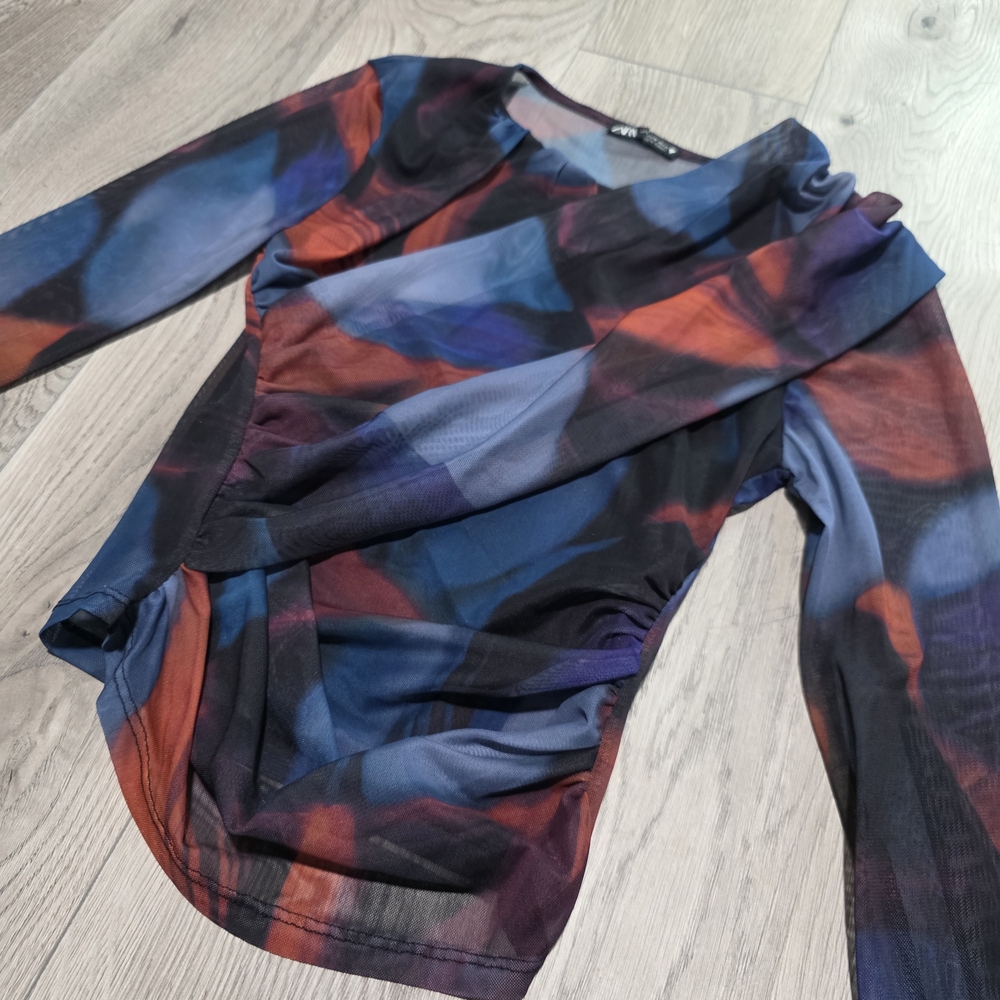 Zara Blue and Orange Asymmetrical Ruched Blouse